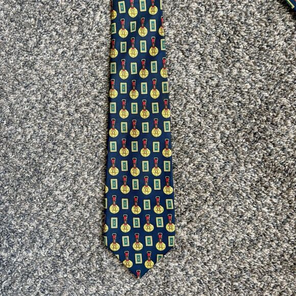 Marco Polo Italian Style Tie, Blue/yellow Badges. 60” Total - Picture 1 of 6